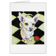 White Chihuahua with Red Ball on Checkerboard card