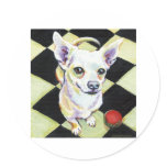 White Chihuahua with Red Ball on Checkerboard Stickers