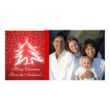 White Christmas Tree and Glowing Stars Personalized Photo Card