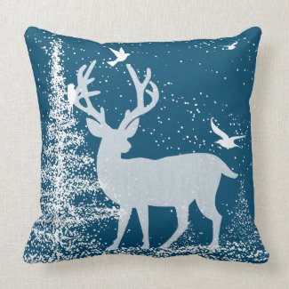 White Christmas Tree Deer & Birds Throw Pillows