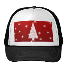 White Christmas Tree with Stars on Red. Mesh Hat