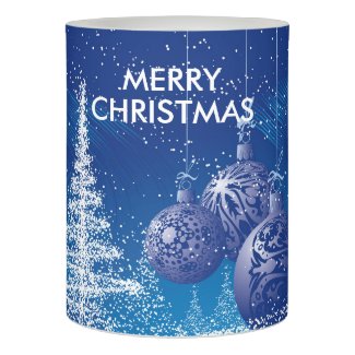 White Christmas trees & Blue Ornaments Flameless Candle