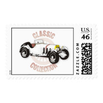 White classic racing car postage stamps