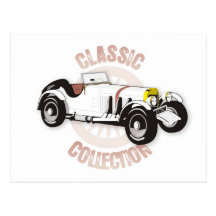 White classic racing car postcard