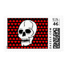 White Classic Skull Red Hearts Postage Stamps