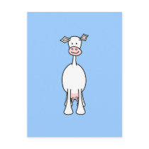 White Cow Cartoon. Blue background. Postcard