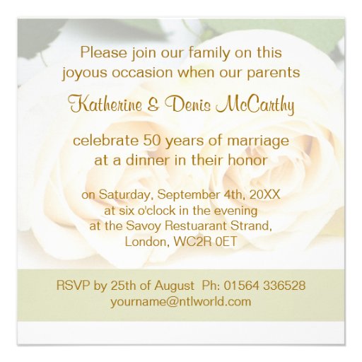 White cream roses, 50th Wedding Anniversary Personalized Invites