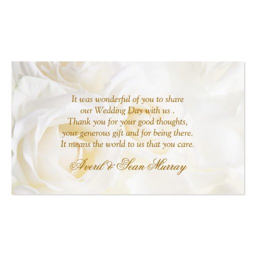 White cream Roses Wedding Thank you Business Card Template (back side)