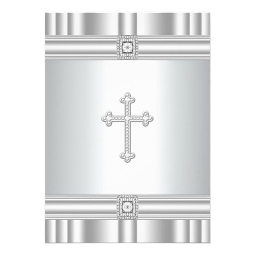 White Cross Diamond Girls White First Communion Invite