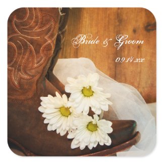 White Daisies and Cowboy Boots Country Wedding Square Sticker