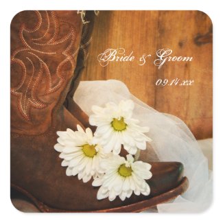 White Daisies and Cowboy Boots Country Wedding Square Sticker