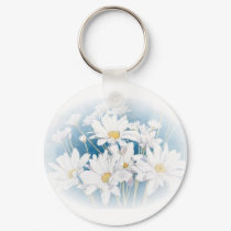 white daisies on blue background keychains