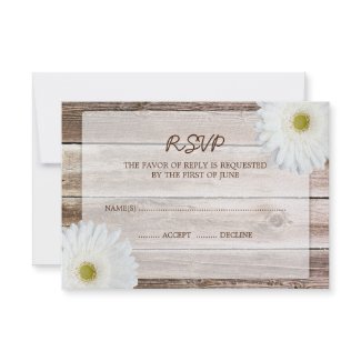 White Daisy Barn Wood Wedding RSVP Response Card invitation