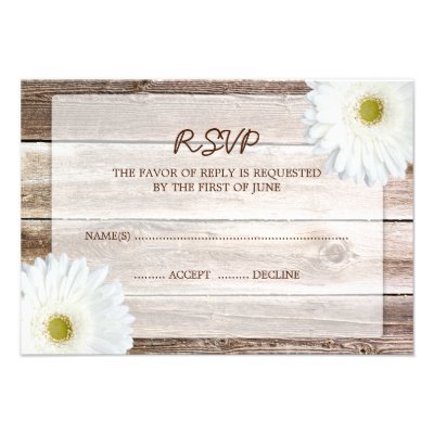 White Daisy Barn Wood Wedding RSVP Response Card Personalized Invitation
