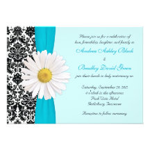 White Daisy Blue Black Damask Wedding Invitation