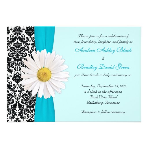 White Daisy Blue Black Damask Wedding Invitation