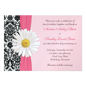 White Daisy Pink Black Damask Wedding Invitation
