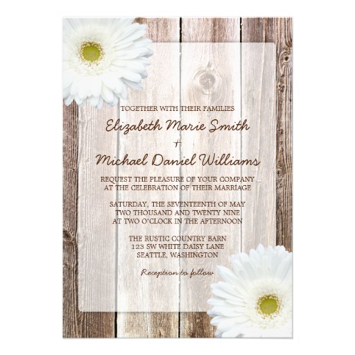 White Daisy Rustic Barn Wood Wedding Invitations
