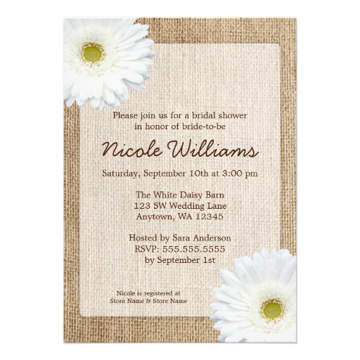 White Daisy Rustic Burlap Bridal Shower Personalized Invitations