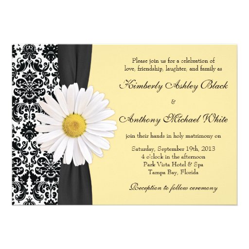 White Daisy Vintage Damask Wedding Invitation