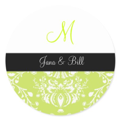 White Damask,  chartreuse wedding monogram Stickers
