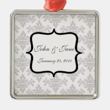 White Damask Engagement Square Ornament