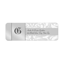 White Damask Monogram Silver Wedding Address Label