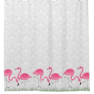 White Damasks & Pink Flamingos Illustration Shower Curtain