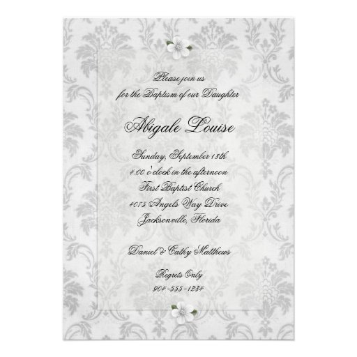 White Demask Girl Baptism Invitation