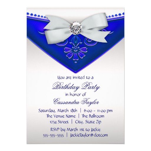 White Diamond Royal Blue Birthday Party Invitation