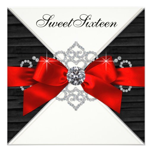 White Diamonds Black Red Sweet 16 Birthday Party Personalized Invitations (front side)