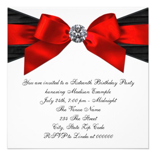 White Diamonds Black Red Sweet 16 Birthday Party Personalized Invitations