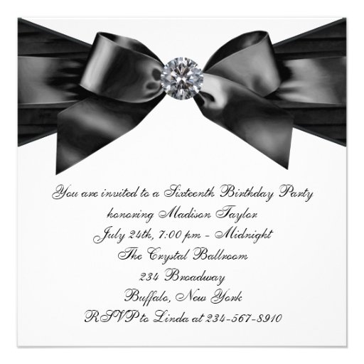 White Diamonds Black White Sweet 16 Birthday Party Personalized Invites