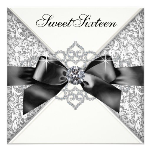 White Diamonds Black White Sweet 16 Birthday Party Custom Invites