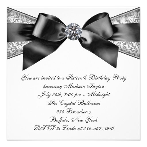 White Diamonds Black White Sweet 16 Birthday Party Custom Invites