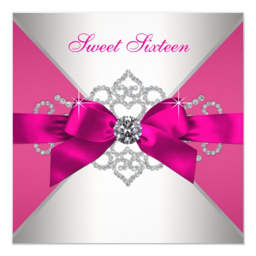 White Diamonds Hot Pink Birthday Party Invites (front side)