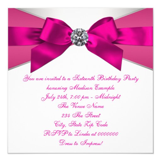 White Diamonds Hot Pink Birthday Party Invites