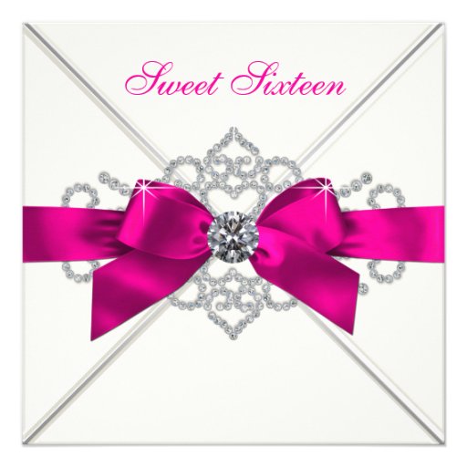 White Diamonds Hot Pink Sweet 16 Party Custom Invite (front side)