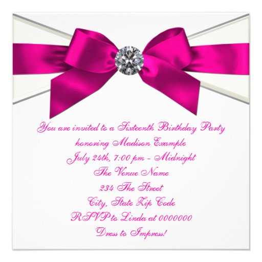 White Diamonds Hot Pink Sweet 16 Party Custom Invite