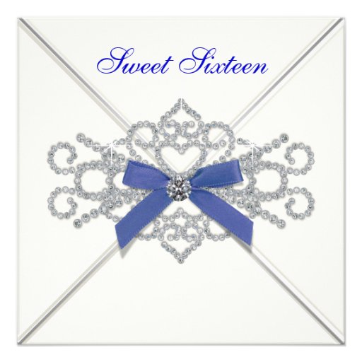 White Diamonds Navy Blue Sweet 16 Birthday Party Invites