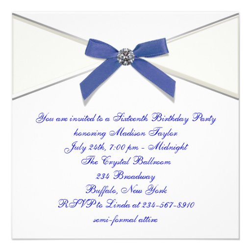 White Diamonds Navy Blue Sweet 16 Birthday Party Invites