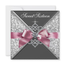 White Diamonds Pink Black Sweet 16 Birthday Party Invitation