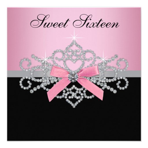 White Diamonds Pink Black Sweet 16 Birthday Party Invitations (front side)