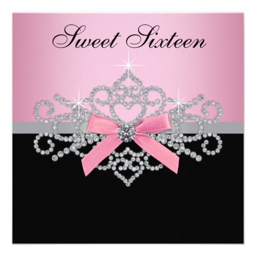 White Diamonds Pink Black Sweet 16 Birthday Party Invitations