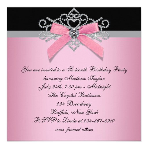 White Diamonds Pink Black Sweet 16 Birthday Party Invitations