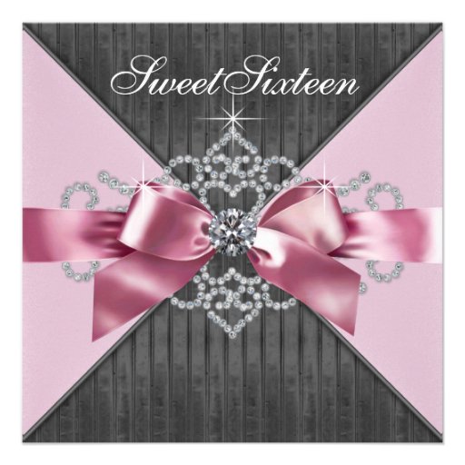 White Diamonds Pink Black Sweet 16 Birthday Party Personalized Invitations