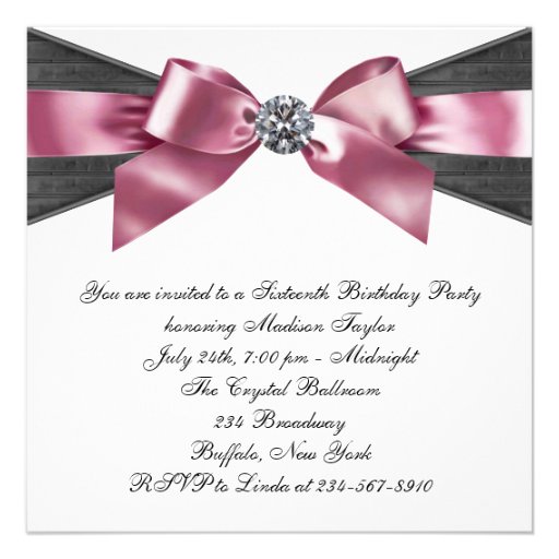 White Diamonds Pink Black Sweet 16 Birthday Party Personalized Invitations