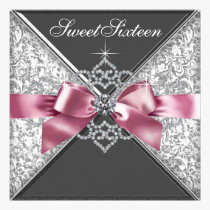 White Diamonds Pink Black Sweet 16 Birthday Party invitations