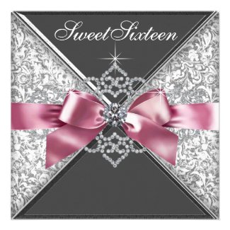 White Diamonds Pink Black Sweet 16 Birthday Party Invitation