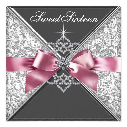 White Diamonds Pink Black Sweet 16 Birthday Party Invitation (front side)